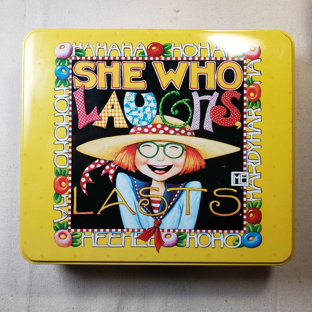 Mary Engelbreit 'She who Laughs Lasts' tin w/stationary and Mother's Day Card